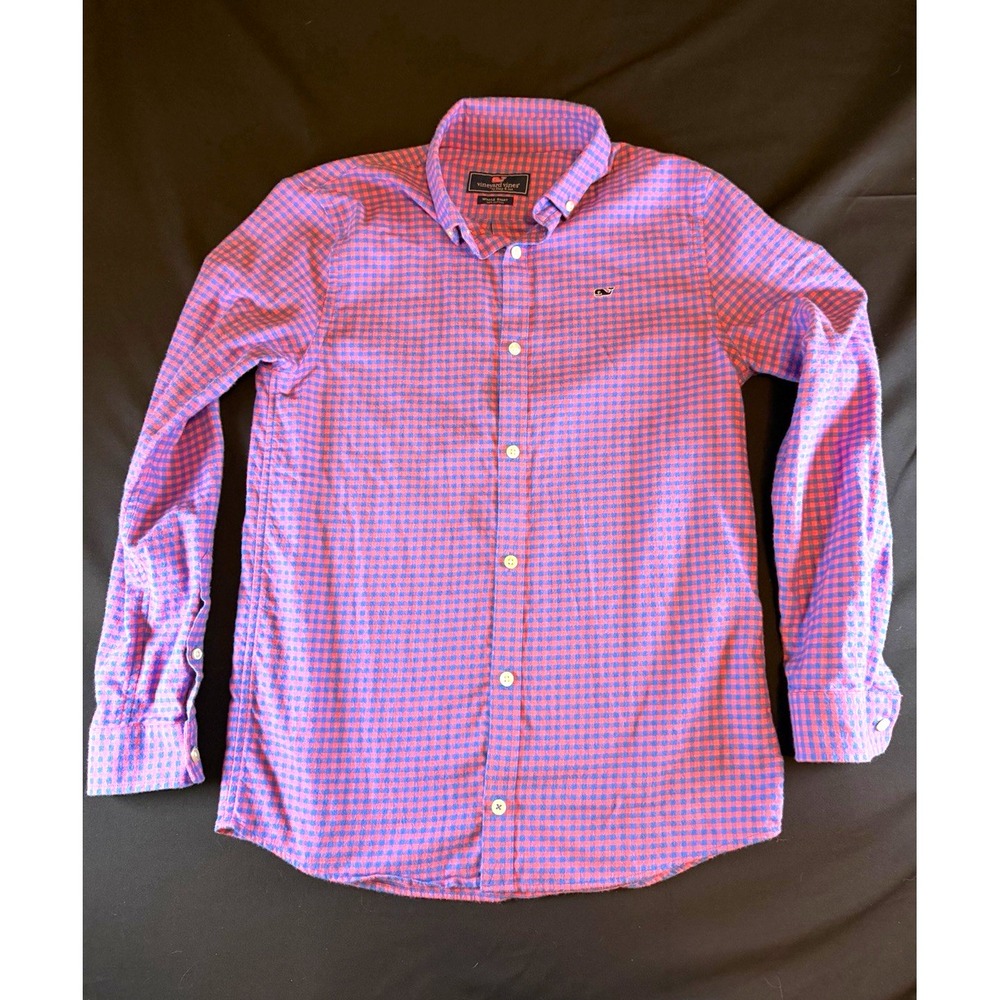 Vineyard Vines Pink Blue Check Whale Embroidered Boy's LS Slim Cotton Shirt, XL